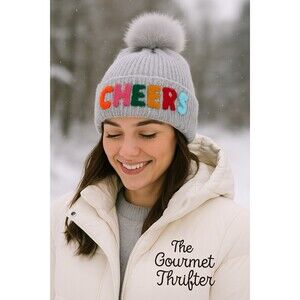 Shiraleah Cheers Gray Knit Pom Pom Beanie Hat Winter Holiday NWT